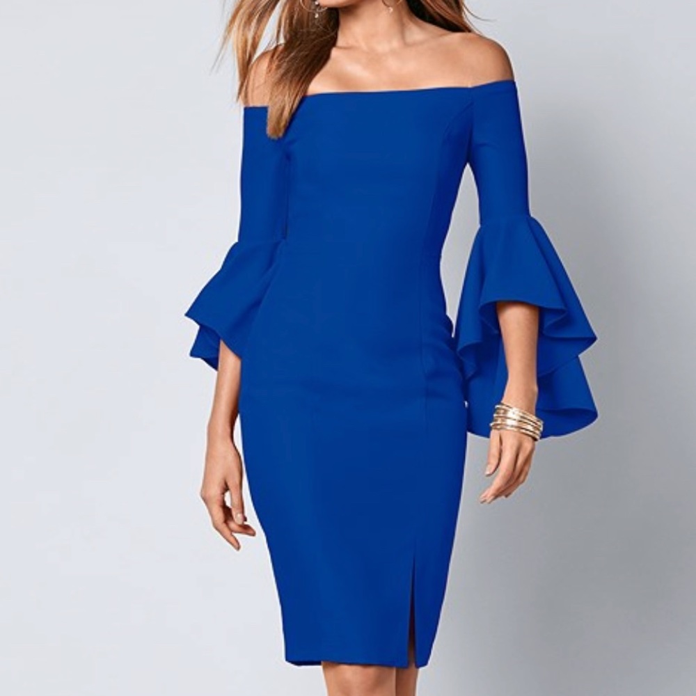 Cold shoulder bell sleeve midi dress- Color Blue